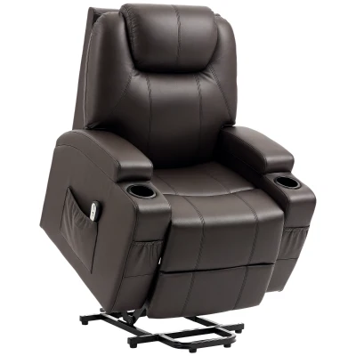 HOMCOM Power Lift Recliner Chair for Elderly, PU Leather Lift Chair with Footrest, Remote Control, Side Pockets and Cup Holders, Reclining Sofa for Living Room, Brown