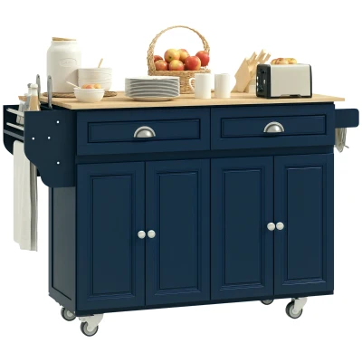 HOMCOM Kitchen Island with Storage, Rolling Kitchen Island with Drop Leaf, Rubber Wood Top and Adjustable Shelves, Navy Blue