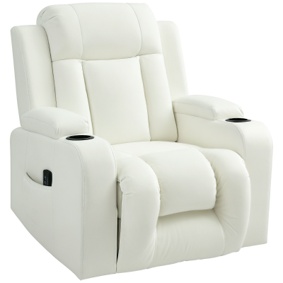 HOMCOM Swivel Massage Recliner Sofa, Overstuffed Manual Reclining Sofa, PU Leather Rocking Chair with Side Pockets, Cup Holders, for Living Room, Nursery, Cream White