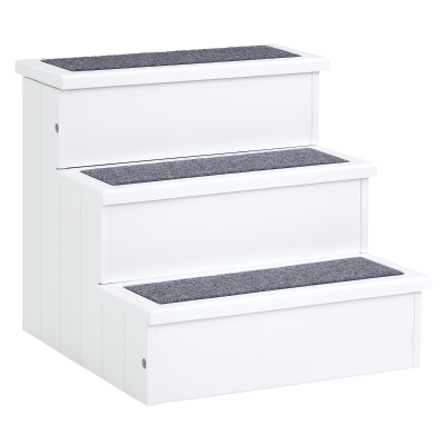 PawHut Pet Steps 3-Step Dog Stairs for Small Dogs Cats and Wooden Ramp with Storage Box Carpet Tread, White