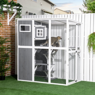 PawHut Wooden Cat Catio, 66.5"L Walk in Outdoor Cat House with PVC Weather Protection Roof, Multiple Platforms, Lockable Doors, Resting Condo, Observation Window, for 2 Cats