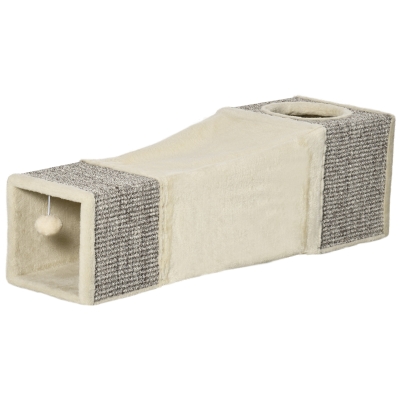PawHut 39" Long Cat Tunnel, Plush Catio Outdoor Cat Enclosure with Two Caves and Hanging Ball, Cream White