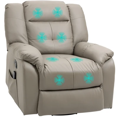 HOMCOM 8-Point Vibration Massage Recliner Chair for Living Room, PU Leather 360° Swivel Manual Reclining Sofa Rocking Chair with Remote Control, Side Pockets, Grey