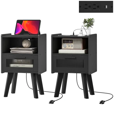 HOMCOM Modern NightStands Set of 2 with Charging Station, Storage, Glass Decorative Door for Bedroom, Living Room, Black