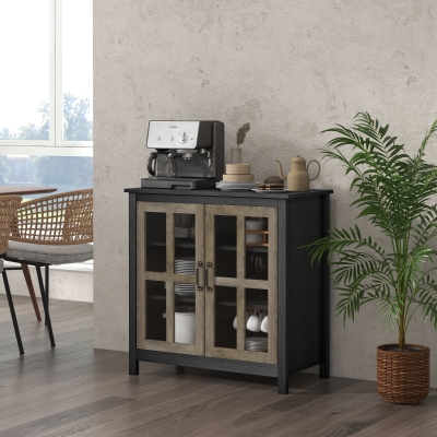 HOMCOM Kitchen Sideboard, Glass Door Buffet Cabinet, Accent Storage Cabinet with 2 Glass Doors and Adjustable Shelf for Dining Room, Living Room, Black Wood Grain
