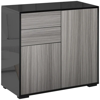 HOMCOM High Gloss Buffet Sideboard with 2 Drawers, 2 Doors and Adjustable Shelf, Kitchen Storage Cabinet with Push Open Design, Grey and Black
