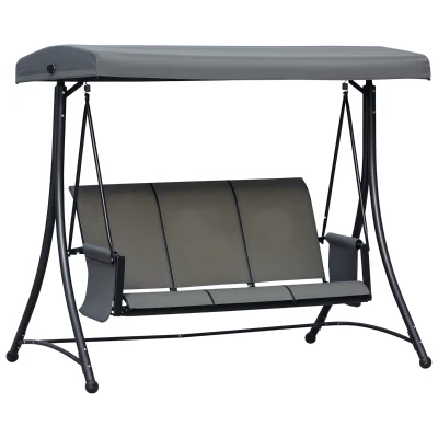 Outsunny 3 Person Porch Swing Outdoor Swing Chair with High Back Design, Side Pouches and Adjustable Canopy, Dark Grey