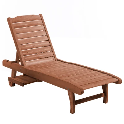 Outsunny Wooden Outdoor Lounge Chair, Adjustable Patio Outdoor Chaise Recliner Garden Furniture, Tanning Chair with Pull-out Tray and 2 Wheels, Brown
