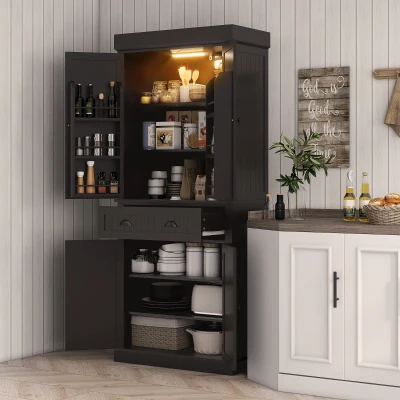 HOMCOM 71" Kitchen Pantry Cabinet with LED Lights, Black