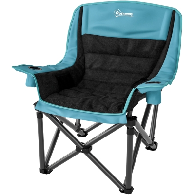 Outsunny Portable Padded Folding Camping Chair with Cup Holders, Black