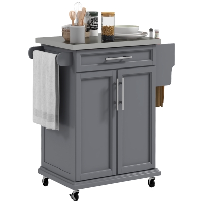 HOMCOM Kitchen Island with Stainless Steel Top, Rolling Kitchen Cart on Wheels with Drawer, Towel Rack and Spice Rack, Grey