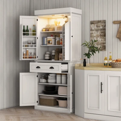 HOMCOM 71" Kitchen Pantry Cabinet with LED Lights, White