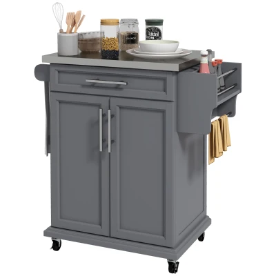 HOMCOM Kitchen Island with Stainless Steel Top, Rolling Kitchen Cart on Wheels with Drawer, Towel Rack and Spice Rack, Grey