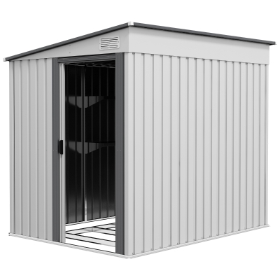 Outsunny 5'x7' Lean to Galvanized Metal Shed with Foundation, Garden Tool Storage House with Sliding Door and 2 Vents, White
