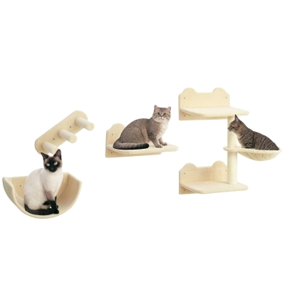 PawHut Cat Wall Shelves with Hammock & Scratching Post, Beige