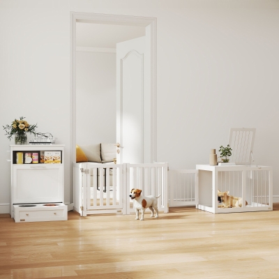PawHut 3 in 1 Pet Furniture Set with Dog Crate Furniture, Dog Feeding Station and Foldable Pet Gate, for Home Indoor, White