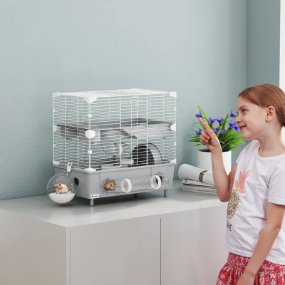 PawHut 2-Tier Hamster Cage with Wheel, Tubes & Accessories, Gray