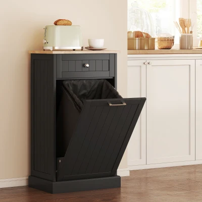 HOMCOM Tilt-Out Trash Bin Cabinet with Drawer,Black