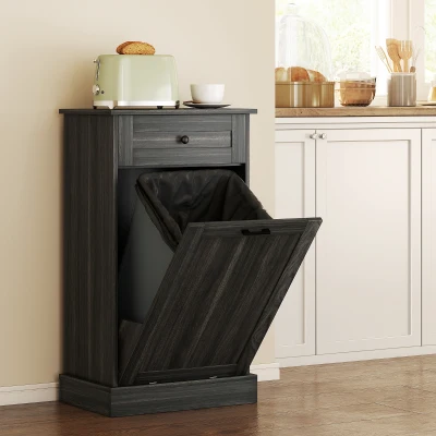 HOMCOM Kitchen Tilt-Out Trash Bin Cabinet with Drawer, Charcoal Gray