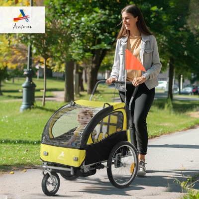 Aosom 2-in-1 Bike Trailer for Kids, Foldable 2-Seat Baby Stroller with 5-Point Harness, Rubber Wheels, Storage Bag, Yellow