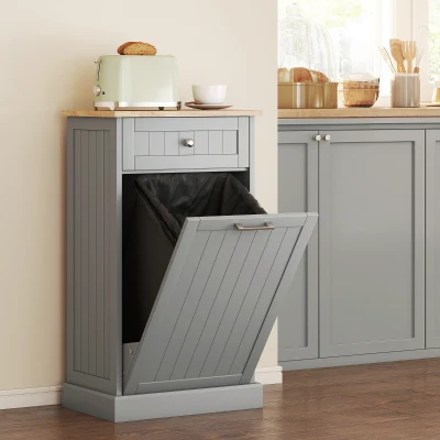 HOMCOM Tilt-Out Kitchen Recycling Trash Bin Cabinet w/ Drawer, Gray