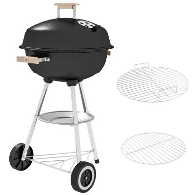 Outsunny Portable Charcoal BBQ Grill, Steel Outdoor Camp Picnic Cooker with Lid, Air Vents, Wheels and Storage Shelf, Black