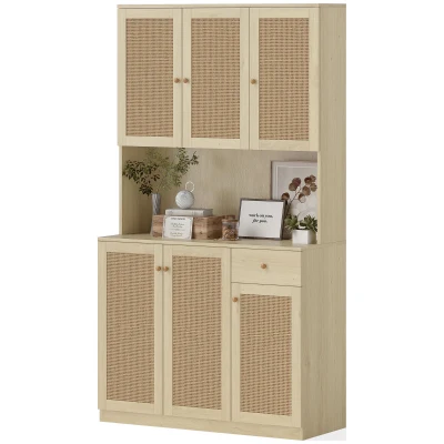HOMCOM Kitchen Hutch with Microwave Countertop, 71" Boho Kitchen Pantry Cabinet with Decorative Rattan Doors, Natural