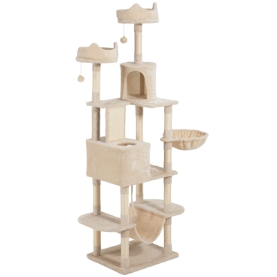 PawHut 81" Large Cat Tree w/ Scratching Posts, Condos, Beds, Hammocks, Jumping Platforms, Toy Balls, Rope Cat Toy, Beige