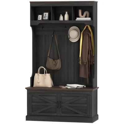 HOMCOM 3-in-1 Hall Tree with Bench, Coat Rack with Shoe Storage, Distressed Black