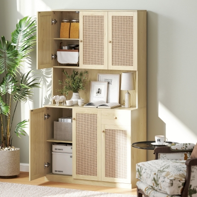 HOMCOM Kitchen Hutch with Microwave Countertop, 71" Boho Kitchen Pantry Cabinet with Decorative Rattan Doors, Natural