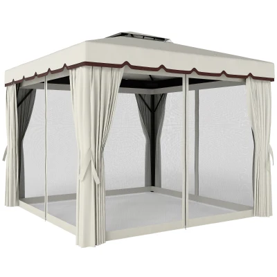 Outsunny 10' x 10' Outdoor Patio Gazebo Double Soft-top Garden Shelter Tent with Curtains, & Mesh Screen Drapes, Cream White