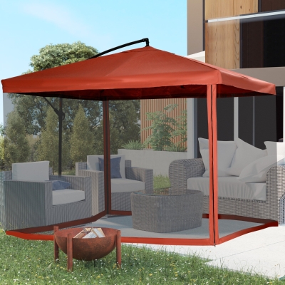 Outsunny Offset Patio Umbrella with Net and Umbrella Base, Adjustable Cantilever Canopy with Cross Base, Weight Plates and 8 Ribs for Backyard, Poolside, Garden, Wine Red