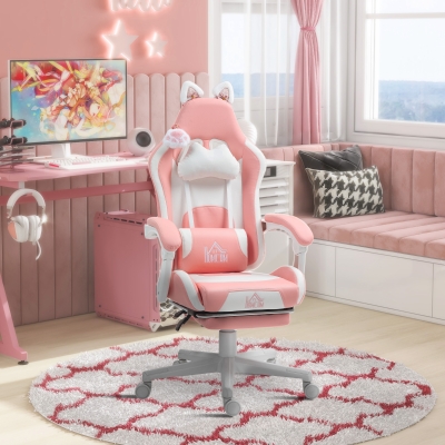 HOMCOM Cute Racing Gamer Chair, Faux Leather Gaming Chair with Footrest, Headrest and Lumbar Support, Pink