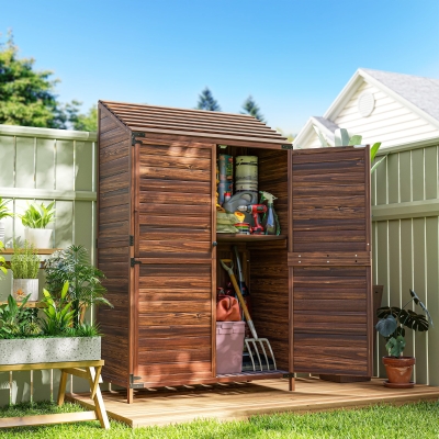 Outsunny Outdoor Storage Cabinet, Wooden Garden Storage Shed with Double Doors and Shelves for Garden Porch Deck, Mixed-Brown