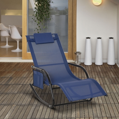 Outsunny Patio Rocking Chair with Mesh Fabric, Outdoor Rocking Sling Sun Lounger with Removable Headrest and Side Pocket for Garden, Deck, Lawn, Blue