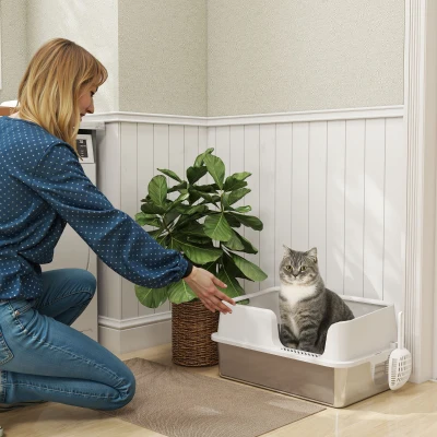 PawHut Stainless Steel Litter Box with High Sides, Scoop, Light Gray