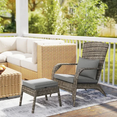Outsunny Wicker Adirondack Chair Set w/ Ottoman & Cushions, Gray