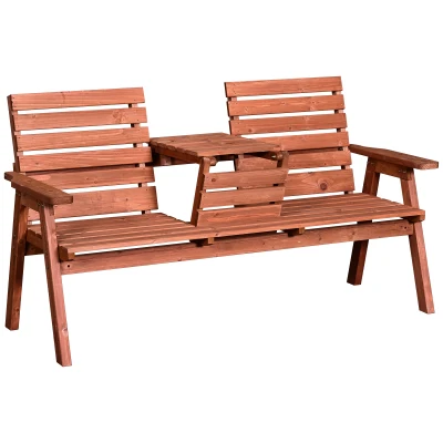 Outsunny 3-Seater Outdoor Bench with Convertible Middle Table, Garden Wooden Patio Loveseat with Middle Table for 2 Persons w/ Slatted Seat and Backrest, Armrests, Orange