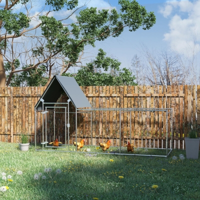 PawHut Walk In Chicken Run, Large Galvanized Chicken Coop, Hen Poultry House Cage, Rabbit Hutch Metal Enclosure with Water-Resist Cover for Outdoor Backyard Farm, 119" x 42" x 68"