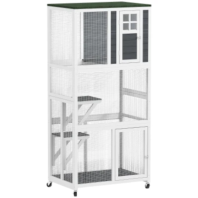 PawHut 74" Wooden Outdoor Cat House Weatherproof & Wheeled with High Weight Capacity, Kitten Cage Condo, White
