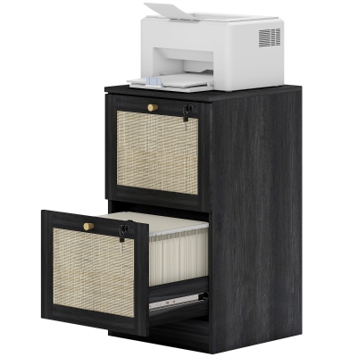 HOMCOM 2 Drawer Filing Cabinet with Lock, Boho File Cabinet for A4 Letter Size Files with Decorative Rattan Accents, Black
