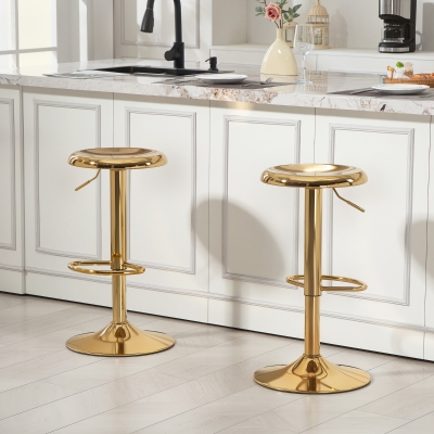 HOMCOM Steel Bar Stools Set of 2, Adjustable Counter Height Round Breakfast Barstools, Industrial Swivel Bar Chairs, Gold
