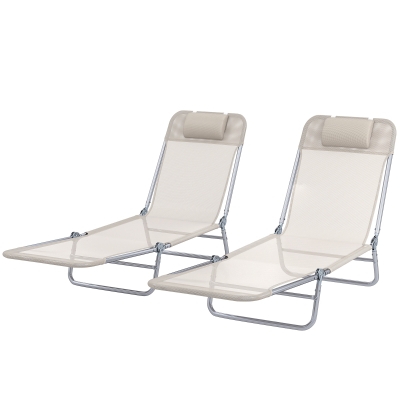 Outsunny Set of 2 Folding Chaise Lounge Chairs, Outdoor Poolside Sun Tanning Chairs w/ Pillow, Reclining Backrest, Cream White