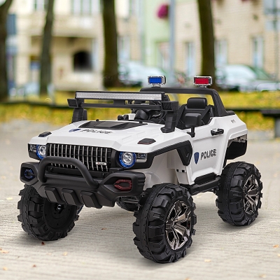 Aosom Kids Ride-On Car 12V RC 2-Seater Police Truck Electric Car For Kids with Full LED Lights, MP3, Parental Remote Control (White)