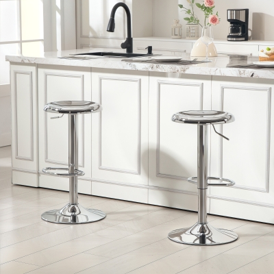 HOMCOM Steel Bar Stools Set of 2, Adjustable Counter Height Round Breakfast Barstools, Industrial Swivel Bar Chairs, Silver
