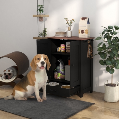 PawHut Pet Food Storage Container Dog Feeding Station w/ Adjustable Panel, Hooks, for Medium Sized Dogs, Black