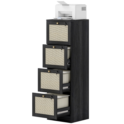HOMCOM 4 Drawer Filing Cabinet with Lock, Boho File Cabinet for A4 Letter Size Files with Decorative Rattan Accents, Black