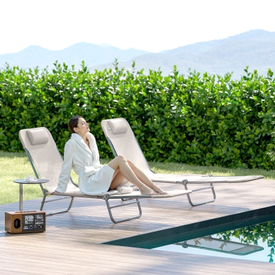 Outsunny Set of 2 Folding Chaise Lounge Chairs, Outdoor Poolside Sun Tanning Chairs w/ Pillow, Reclining Backrest, Cream White