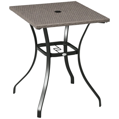 Outsunny Patio Wicker Dining Table with Umbrella Hole, 34 Inch Outdoor PE Rattan Coffee Table with Plastic Board Under the Woven Table Top for Patio, Garden, Balcony, Light Grey