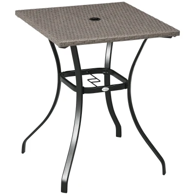 Outsunny Patio Wicker Dining Table with Umbrella Hole, 34 Inch Outdoor PE Rattan Coffee Table with Plastic Board Under the Woven Table Top for Patio, Garden, Balcony, Light Grey